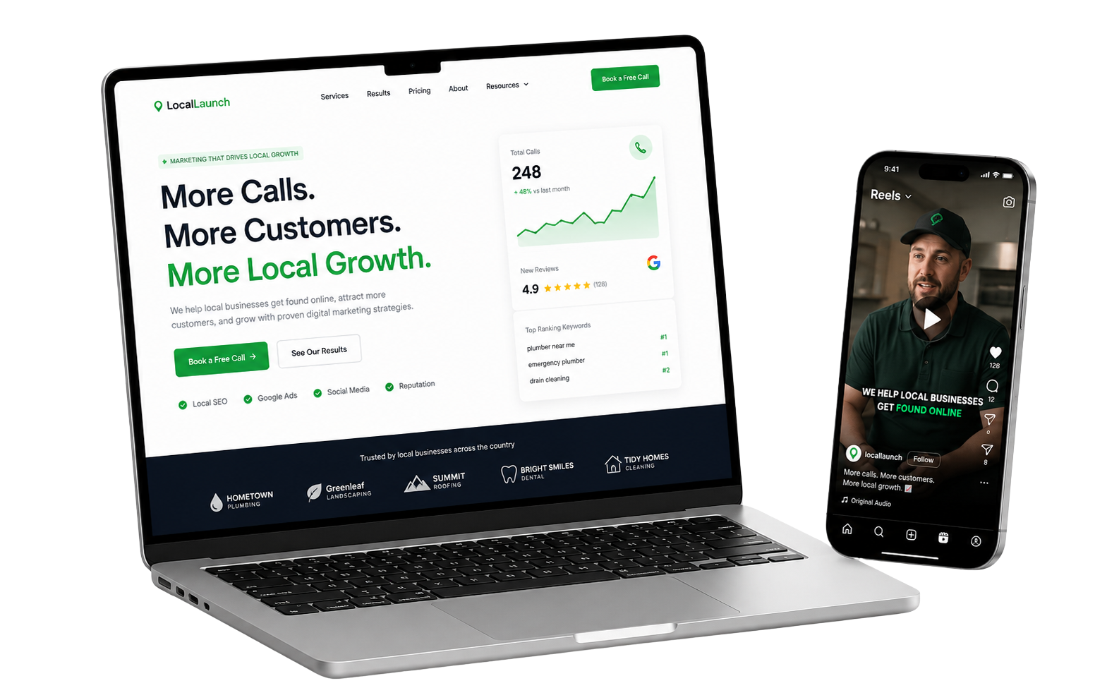 A landing page on a laptop next to a social reel on a phone — the Ghospy marketing pipeline